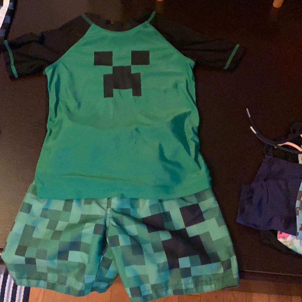 Minecraft swim shorts and shirt